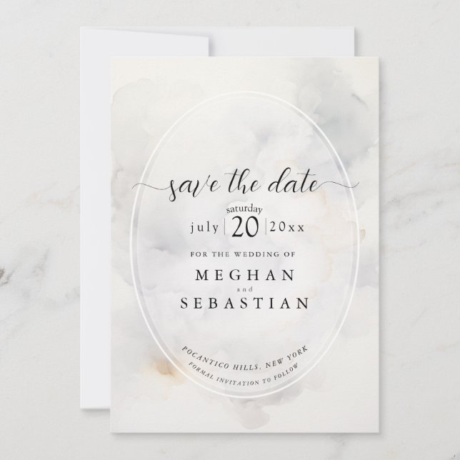Elegante, grau-blassgelbe Wolken Save The Date (Vorderseite)