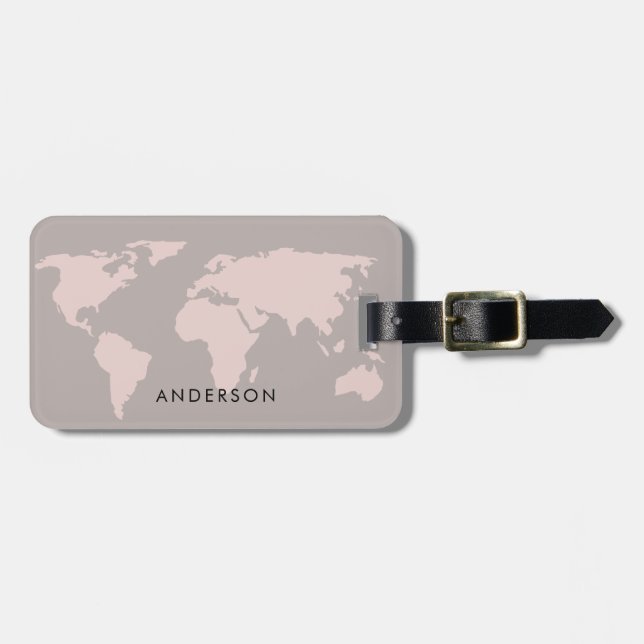 ELEGANTE, GRAU BLUSH PINK ROSE GOLD WORLMAP GEPÄCKANHÄNGER (Vorderseite horizontal)