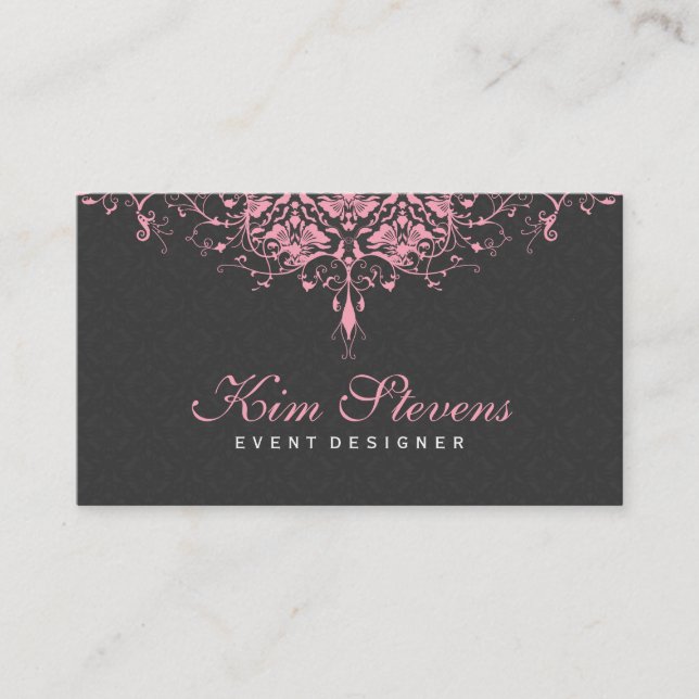 Elegante, grau-rosa, Vintage, blühende Damasken 2b Visitenkarte (Vorderseite)