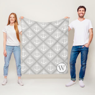Elegante, grau-weiße Anker   Monogramm Fleecedecke