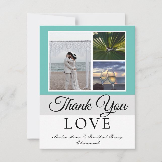 Elegante graue Aquamarine Script-Wedding-Foto-Coll Dankeskarte (Vorderseite)