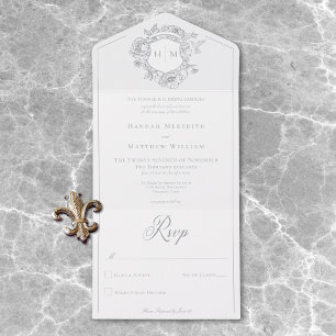 Elegante graue Chinoiserie-Vogelemblem-Hochzeit All In One Einladung