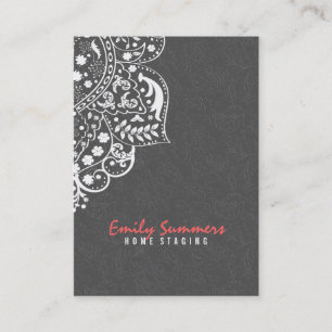 Elegante graue Damasken und weiße Vintage Spitze Visitenkarte