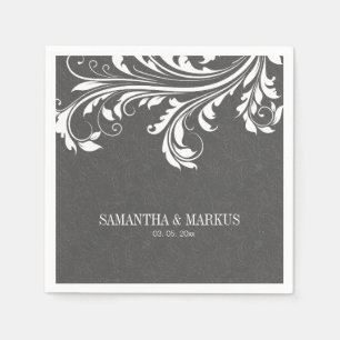 Elegante graue Damasken und weiße Vintage Spitzen Serviette