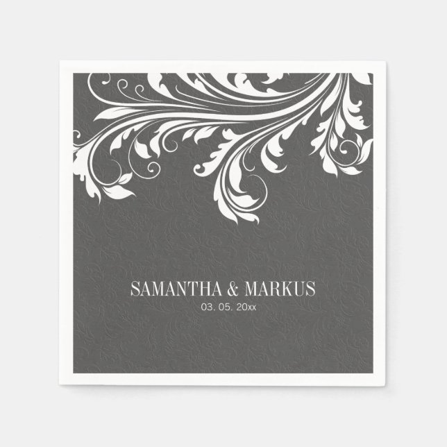 Elegante graue Damasken und weiße Vintage Spitzen Serviette (Vorderseite)