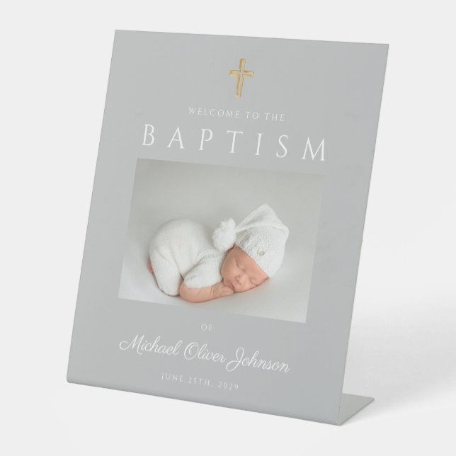Elegante graue Kreuz-Foto-Taufe Willkommen Sockelschild (Vorderseite)