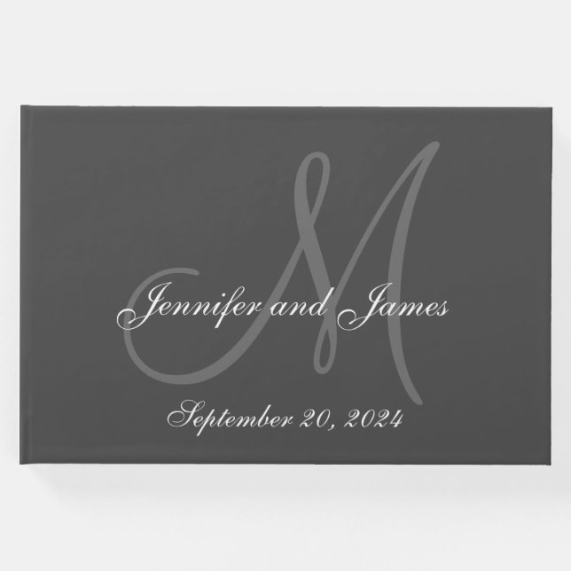 Elegante graue Monogramm-Namen Datum Foto Hochzeit Gästebuch (Vorderseite)