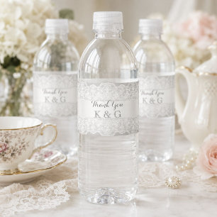 Elegante graue perlenweiße Spitze Vintage-Hochzeit Wasserflaschenetikett