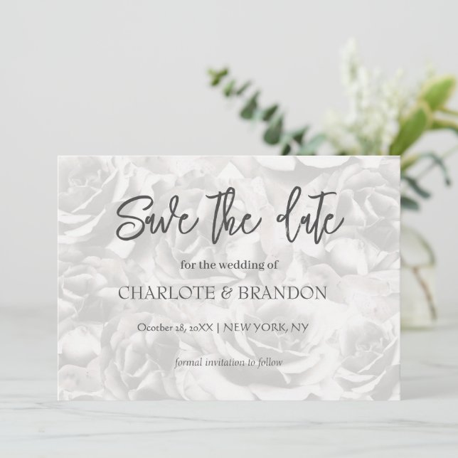Elegante graue Rose Save the Date Personalisiert (Stehend Vorderseite)
