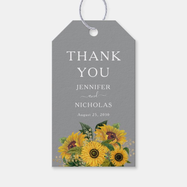 Elegante graue Sonnenblumen Hochzeit Danke Geschenkanhänger (Vorderseite)