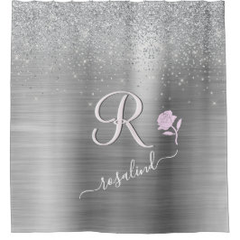 Elegante graue Sparkle Custom Monogram Pink Rose Duschvorhang