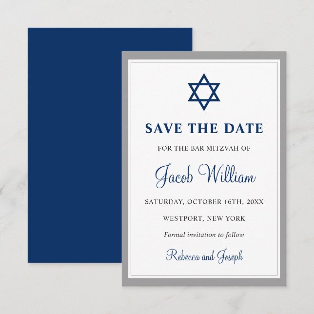 Elegante, graue und blaue Bar Mitzvah 3,5" x 5" Save The Date (Vorne/Hinten)