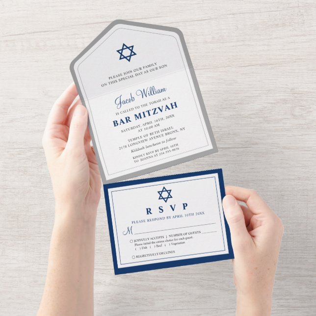 Elegante, graue und blaue Bar Mitzvah in einem All In One Einladung (Abreißen)