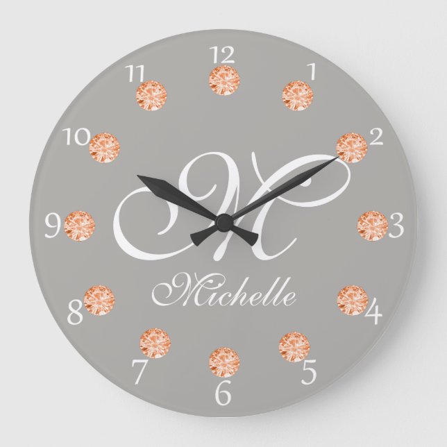 Elegante graue und orange Imitate Gems Monogram-Uh Große Wanduhr (Vorderseite)