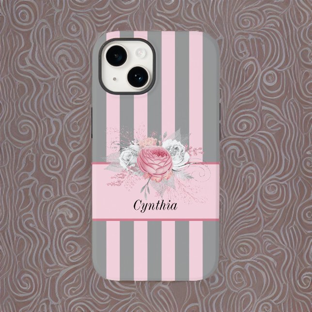 Elegante graue und rosa Streifen und Blume Case-Mate iPhone Hülle (Von Creator hochgeladen)
