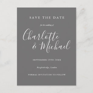 Elegante graue und weiße Schrift Save-the-Date-Kar Postkarte