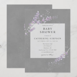 Elegante graue Wasserfarben-Lavendel-Babydusche Einladung