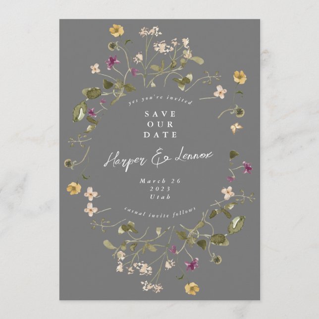 Elegante graue Wildblume Pampas Floral Foto Zurück Save The Date (Vorderseite)