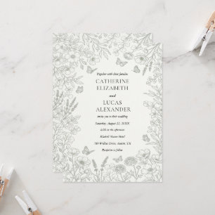 Elegante graue Wildblumen-Linienkunst-Hochzeit Einladung