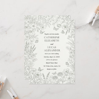 Elegante graue Wildblumen-Linienkunst-Hochzeit  Einladung