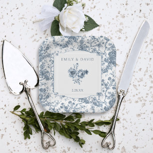 Elegante gravierte französische blaue Blumen-Toile Pappteller