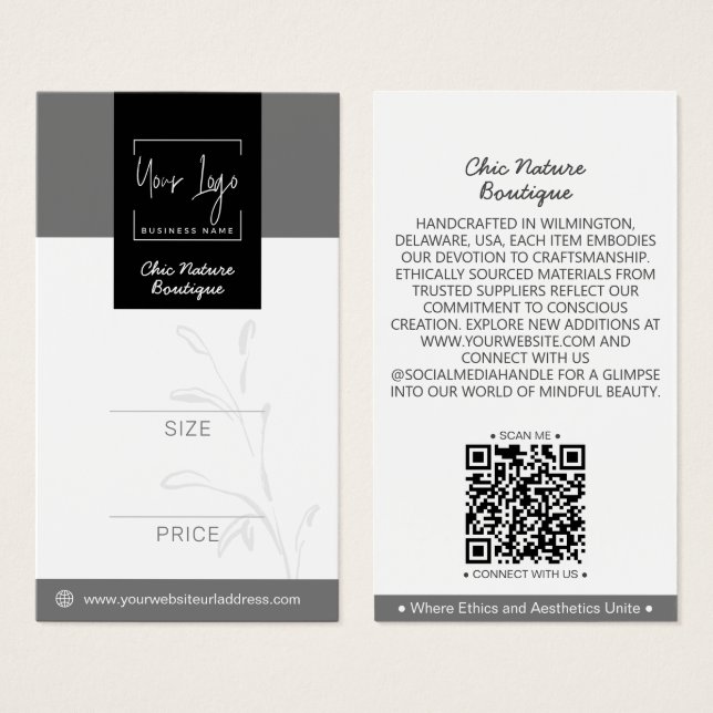 Elegante Gray & Black Botanical Social QR Price Ta (Vorne & Hinten)