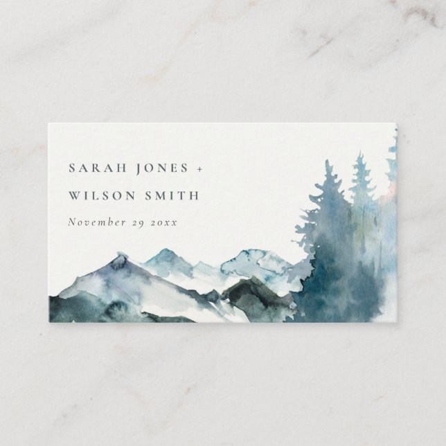 Elegante Gray Blush Blue Mountains Pine Wedding Platzkarte (Vorderseite)