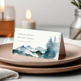 Elegante Gray Blush Blue Mountains Pine Wedding Platzkarte