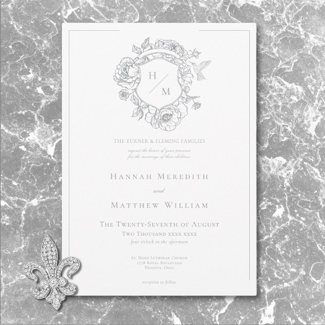 Elegante Gray Chinoiserie Bird & Wappen Wedding Einladung (Elegant Gray Chinoiserie Bird & Crest Wedding Invitation)