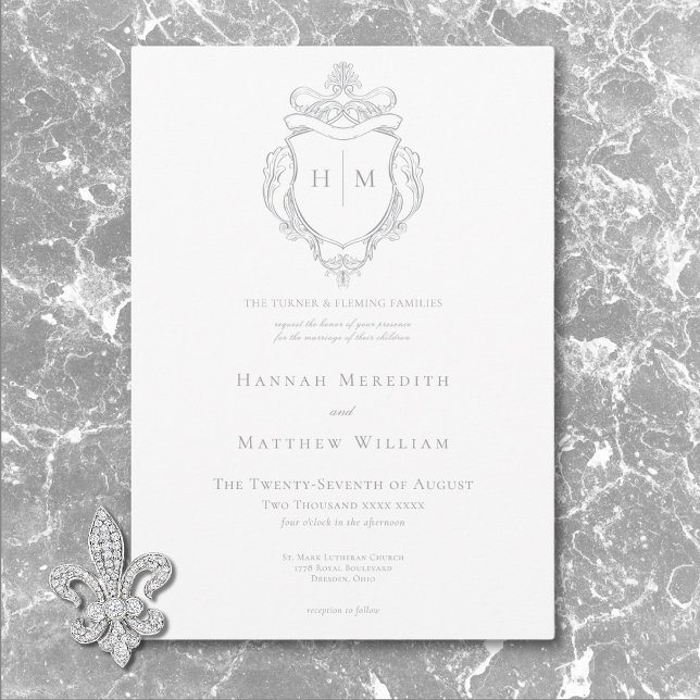 Elegante Gray Chinoiserie Bird & Wappen Wedding Einladung (Elegant Gray Chinoiserie Bird & Crest Wedding Invitation)