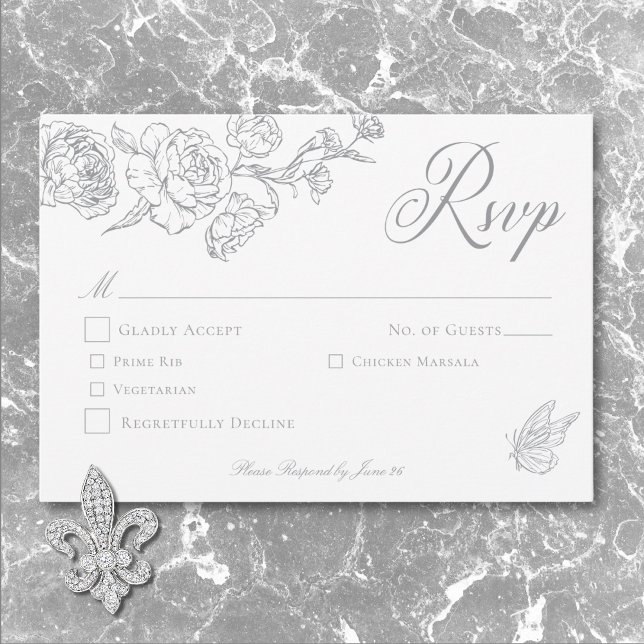 Elegante Gray Chinoiserie Bird & Wappen Wedding RSVP Karte (Elegant Gray Chinoiserie Bird & Crest Wedding RSVP Card)