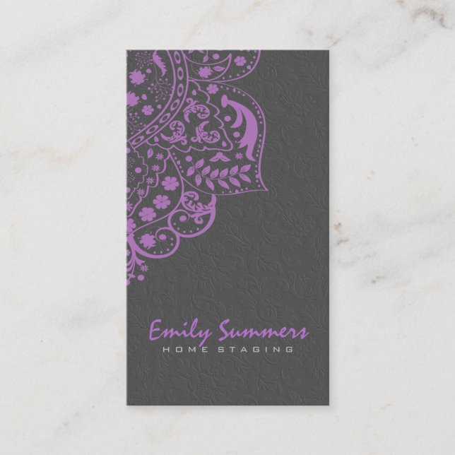 Elegante Gray Damasks Lila Vintage Spitze 2 Visitenkarte (Vorderseite)