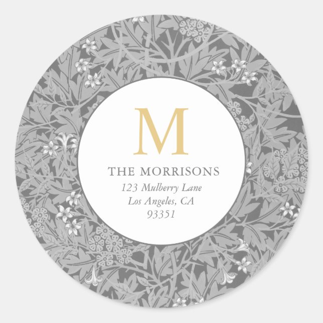 Elegante Gray Floral Gold Monogram Rücksendeadress Runder Aufkleber (Vorderseite)