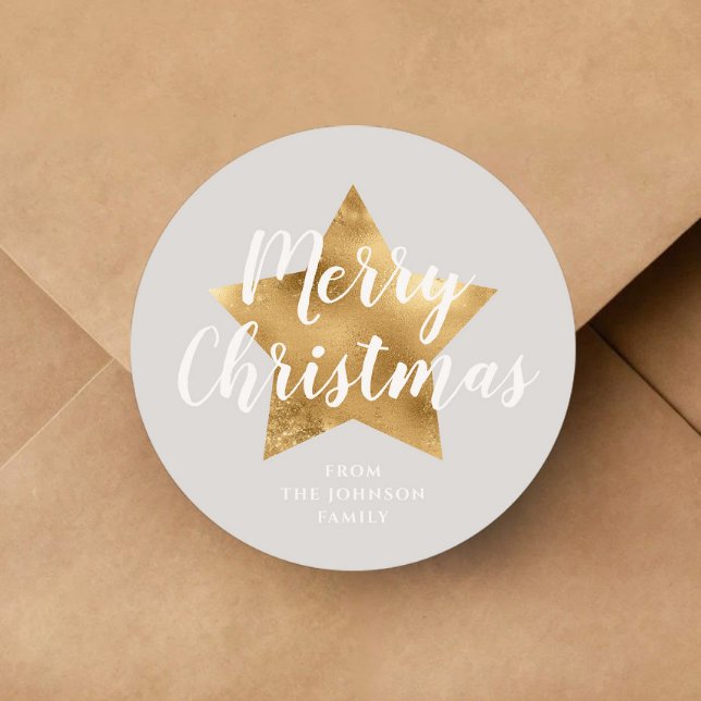 Elegante Gray Gold Star Weihnachten Runder Aufkleber (Elegant Gray Gold Star Christmas Classic Round Sticker)
