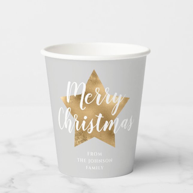Elegante Gray Imitate Gold Star Frohe Weihnachten Pappbecher (Vorderseite)