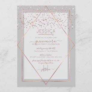 Elegante Gray Rose Gold Confetti Border Quinceñera Einladung