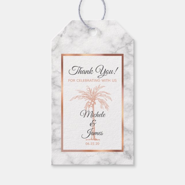 Elegante Gray Rose Gold Palm Tree Marmorhochzeit Geschenkanhänger (Vorderseite)