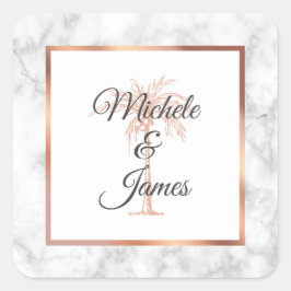 Elegante Gray Rose Gold Palm Tree Marmorhochzeit Quadratischer Aufkleber