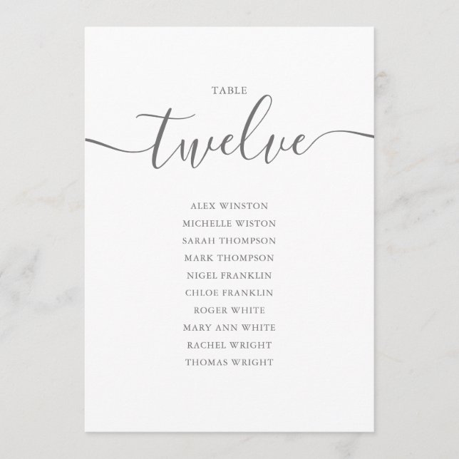 Elegante Gray Script Tischnummer 12 Seating Chart (Vorderseite)