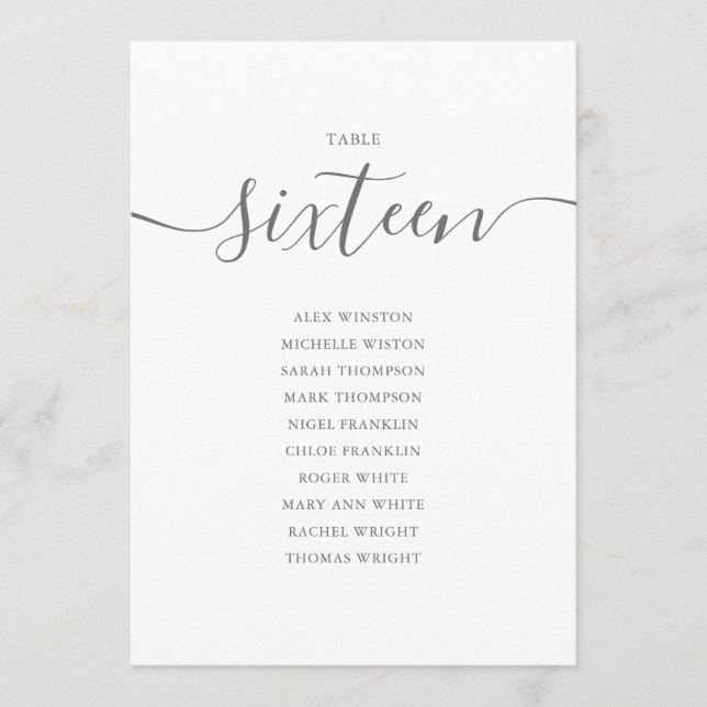 Elegante Gray Script Tischnummer 16 Seating Chart (Vorderseite)