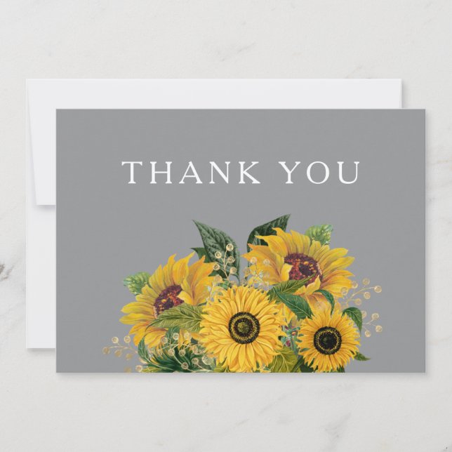 Elegante Gray Sunflowers Hochzeit Dankeskarte (Vorderseite)