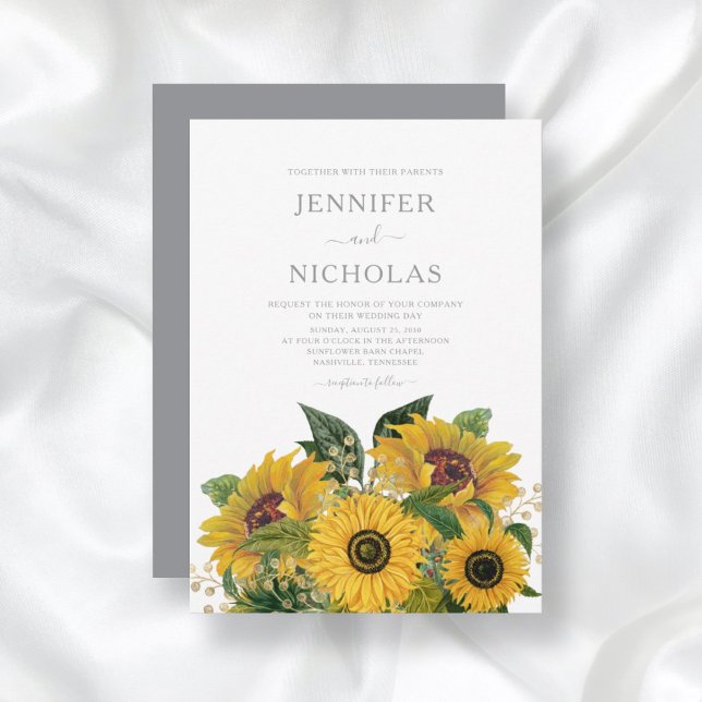 Elegante Gray Sunflowers Hochzeit Einladung (Von Creator hochgeladen)