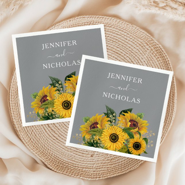 Elegante Gray Sunflowers Hochzeit Serviette (Elegant Gray Sunflowers Wedding Napkins)