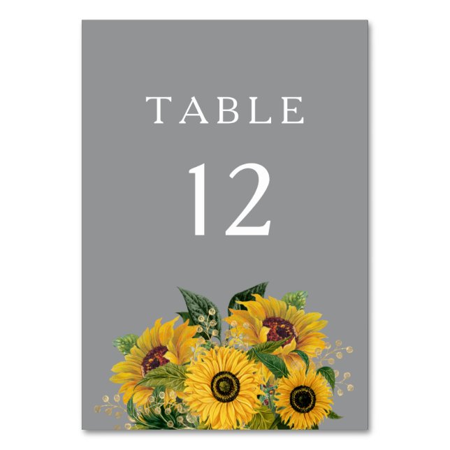 Elegante Gray Sunflowers Hochzeit Tischnummer (Vorderseite)