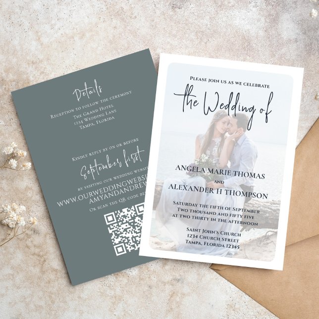 Elegante Gray Wedding Foto Vorlage (Elegant photo Wedding invitation with QR Code and simple grey.)