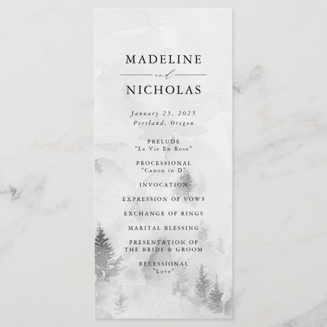 Elegante Gray Winter Forest Wedding Ceremony Programm (Vorderseite)