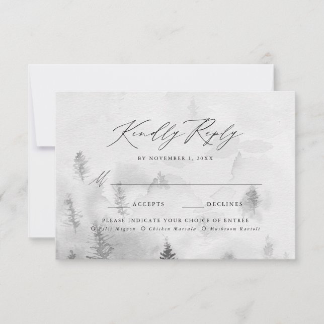 Elegante Gray Winter Forest Wedding Meal Choice RSVP Karte (Vorderseite)