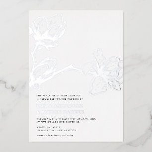 Elegante, grazile Magnolie Hochzeit Weiß + Silber Folieneinladung