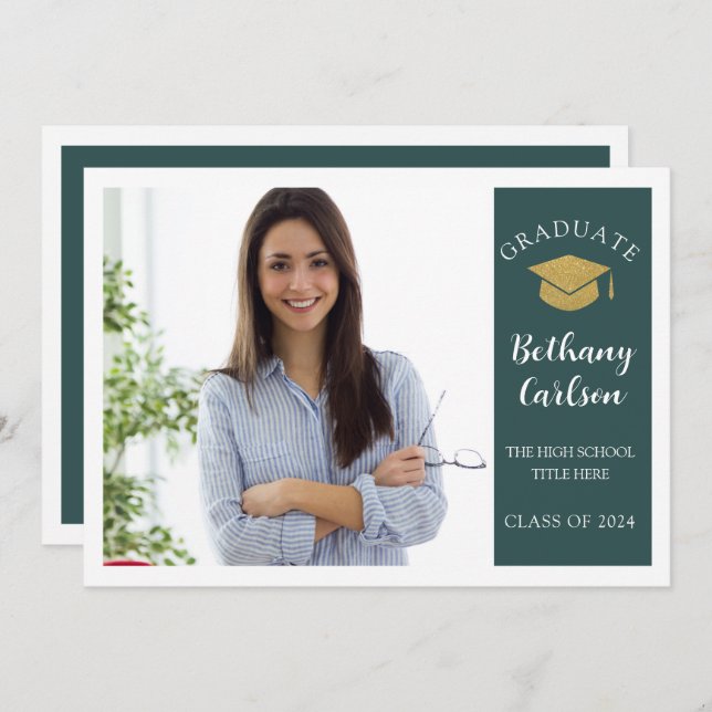 Elegante Green and Gold Foto Graduation Party Einladung (Vorne/Hinten)
