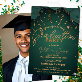Elegante Green and Gold Graduation Party mit Foto Einladung